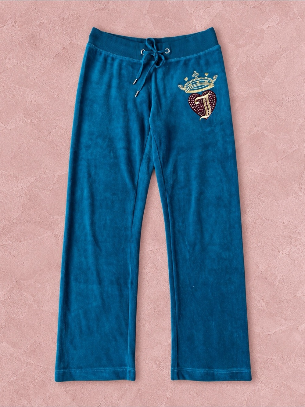 VTG Y2K 90s Juicy Couture Woman Teal Velvet Rhinestone Logo Bootcut Track Pants